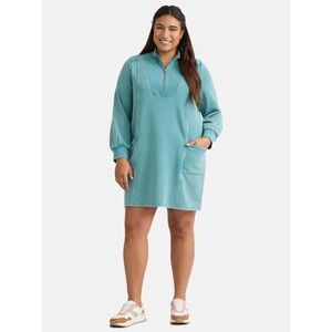 Terra & Sky Womens 1X Teal Tease Sweatshirt Dress 16W-18W Quarter Zip Pockets